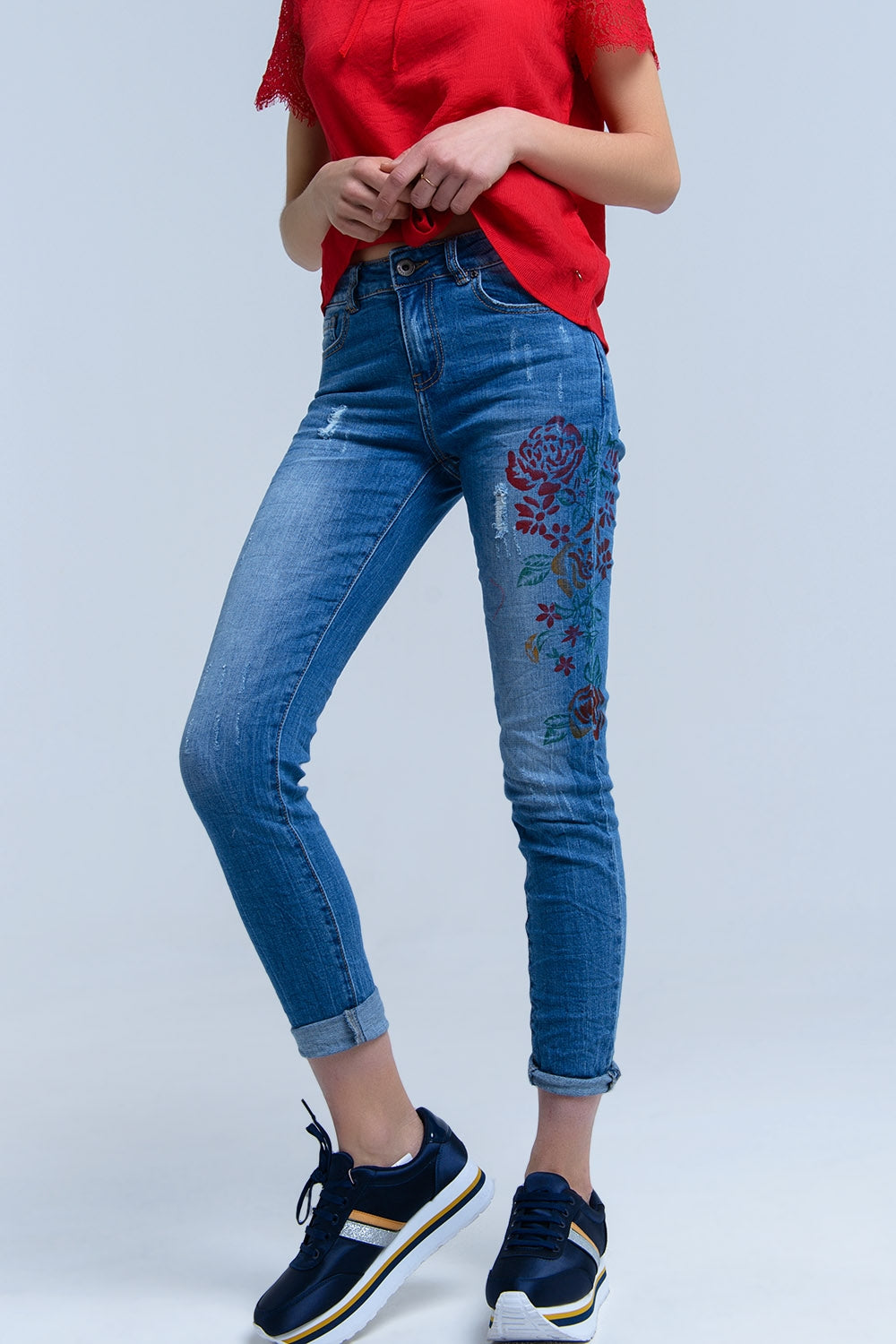 Skinny jeans with painted floral Q2 Jeans BoutiqueLua