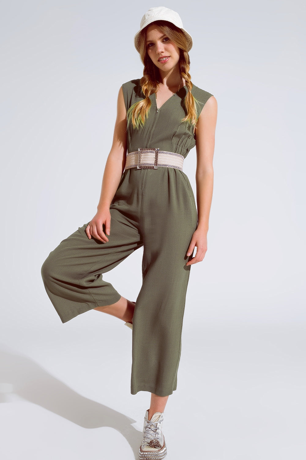 Sleeveless Jumpsuit with zipper detail and belt in khaki Q2 Dresses BoutiqueLua