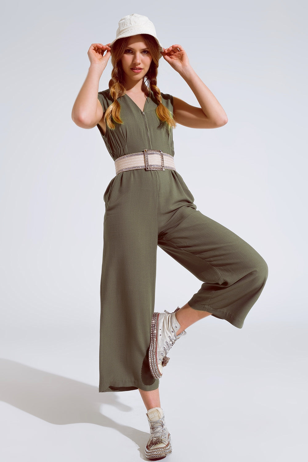 Sleeveless Jumpsuit with zipper detail and belt in khaki Q2 Dresses BoutiqueLua