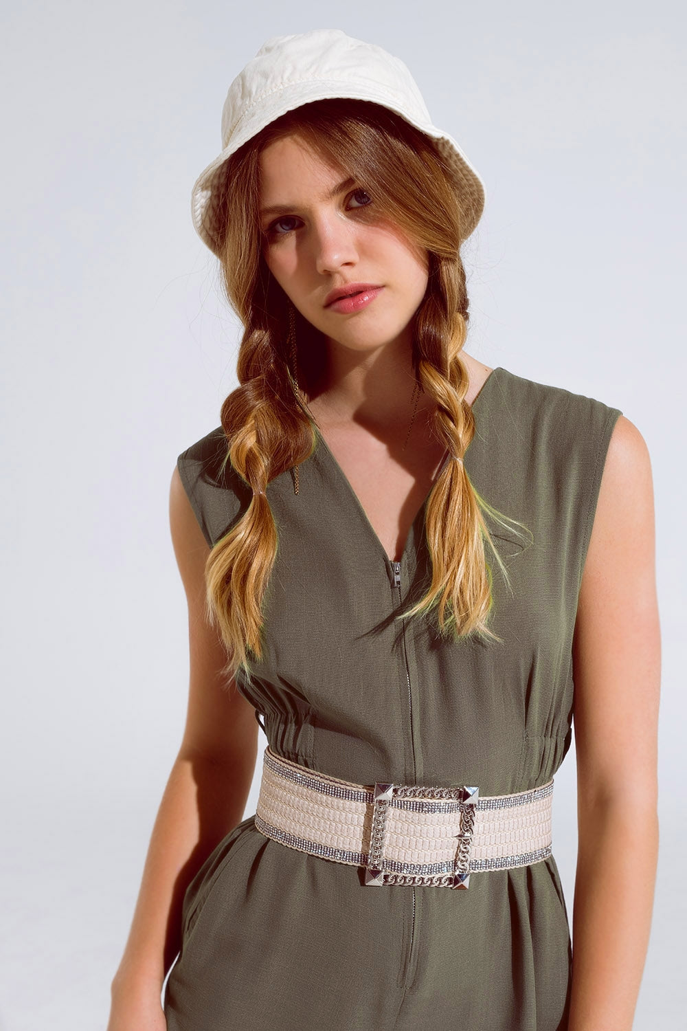 Sleeveless Jumpsuit with zipper detail and belt in khaki Q2 Dresses BoutiqueLua