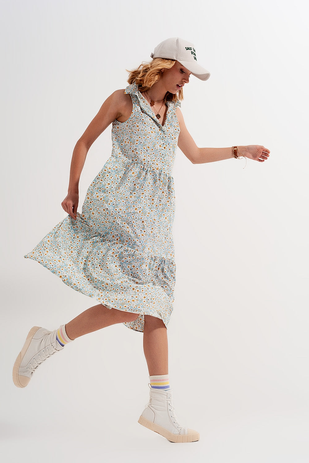 Sleeveless shirt dress in blue floral print Q2 Dresses BoutiqueLua