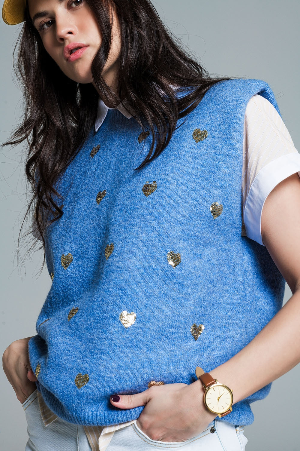 Sleeveless sweater in blue with silver sequin hearts Q2 Sweaters BoutiqueLua