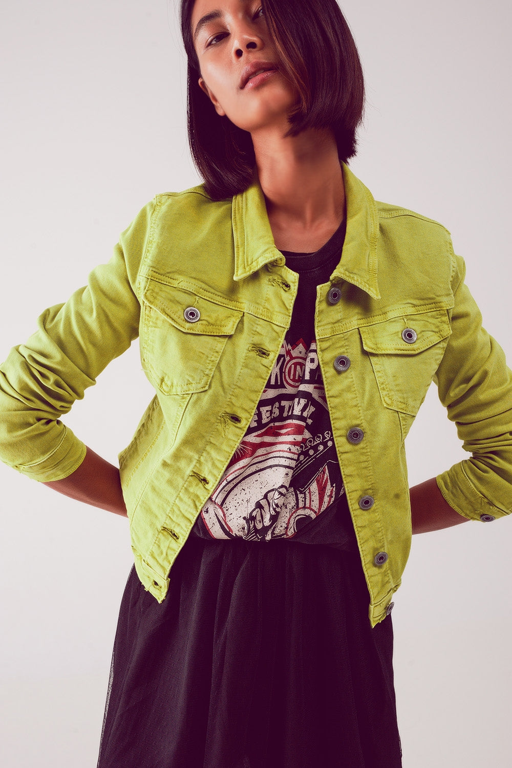 Q2 Slim denim trucker jacket in acid lime