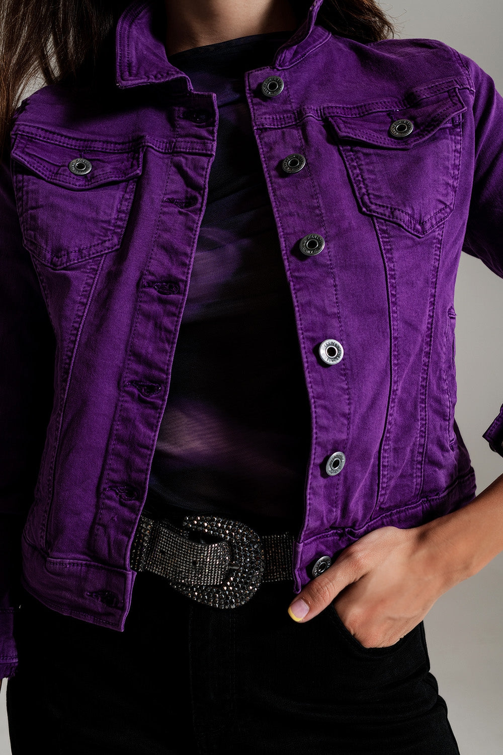 Slim denim trucker jacket in purple Q2 Coats and Jackets BoutiqueLua