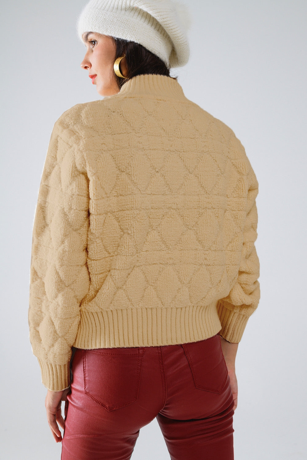 Veste bomber en tricot épais et doux de couleur camel