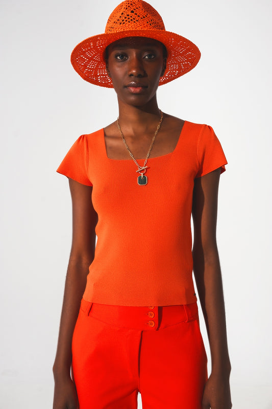 Q2 square neck puff sleeve sweater in orange