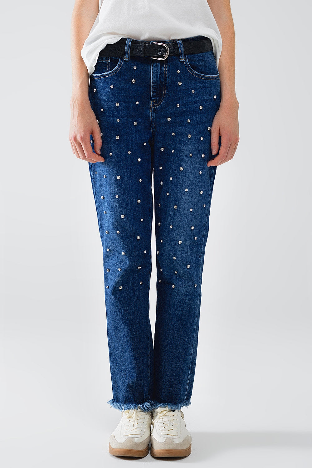 Straight Blue Jeans With Strass Front Details And Frayed Ends Q2 Jeans BoutiqueLua