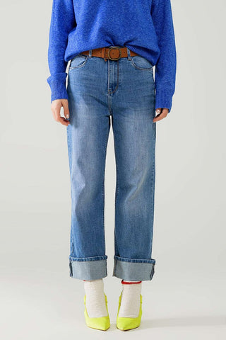 straight fit cuffed jeans with mid wash