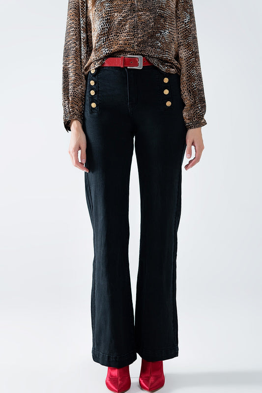 Q2 Straight Jeans With Gold Buttons At the Side in black