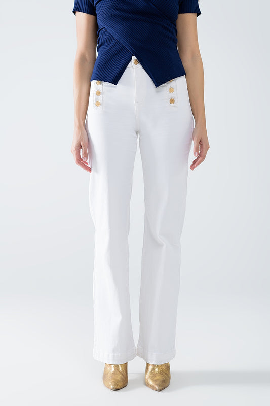 Q2 Straight Jeans With Gold Buttons At the Side in White