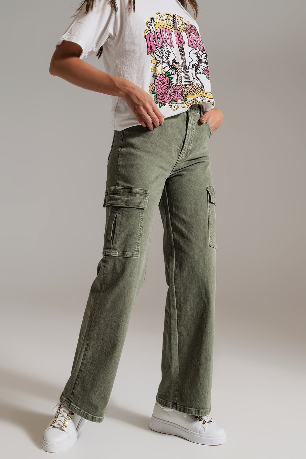 Straight Leg Cargo Jeans in Olive Green Q2 Jeans BoutiqueLua