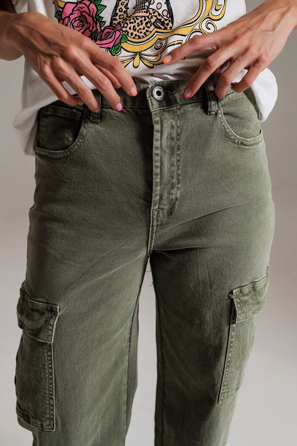 Straight Leg Cargo Jeans in Olive Green Q2 Jeans BoutiqueLua