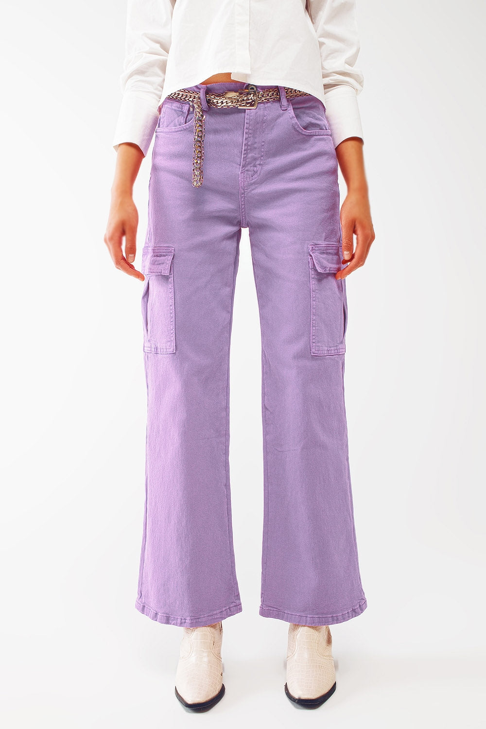 Q2 Straight Leg Cargo Jeans in Purple