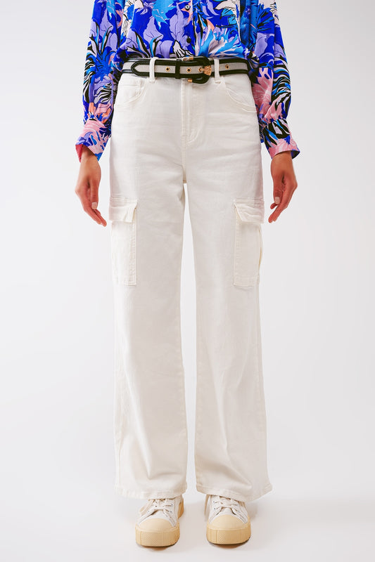 Q2 Straight Leg Cargo Jeans in White