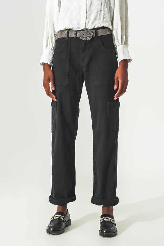 Q2 Straight Leg Cargo Pants in Black