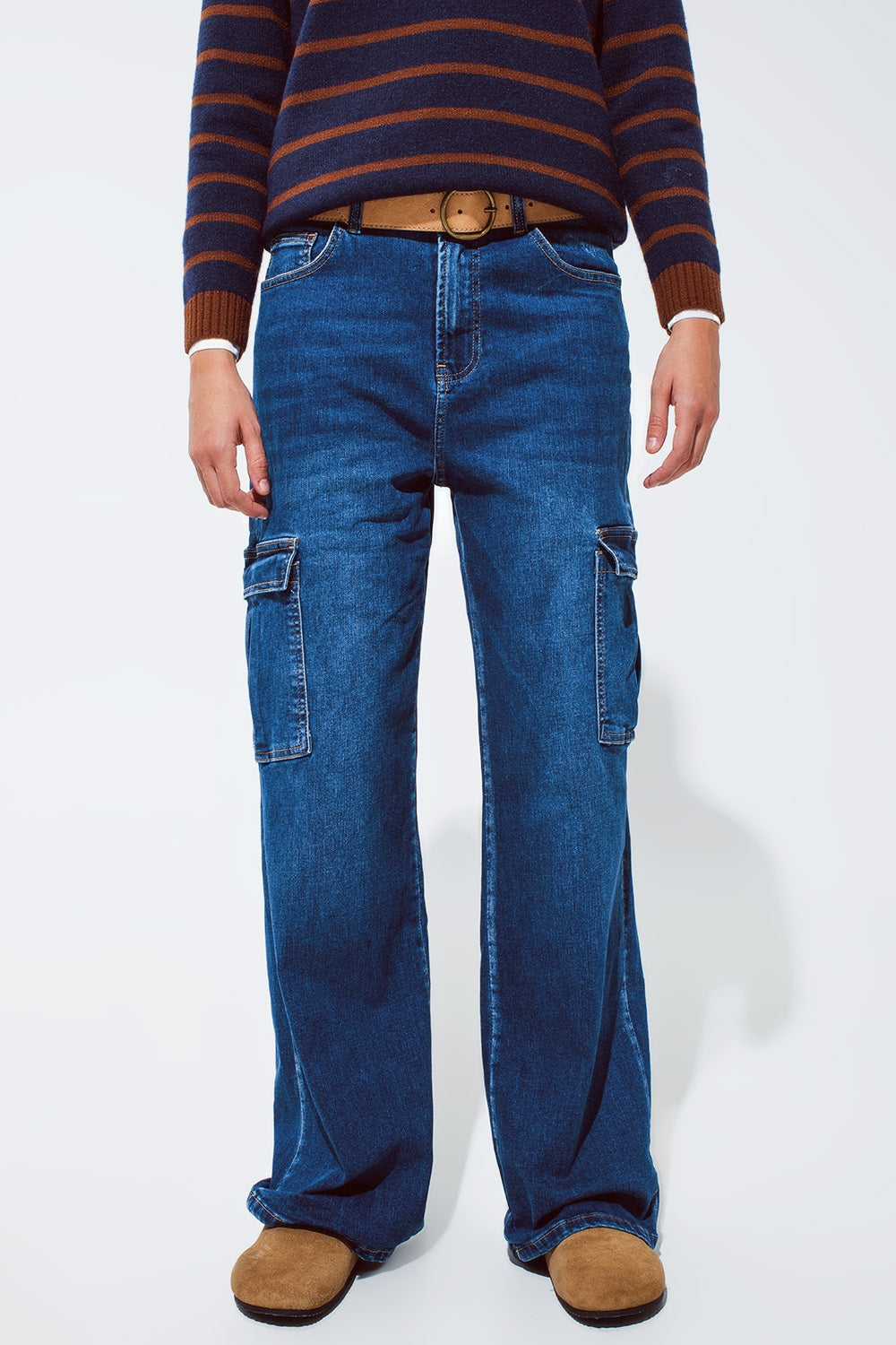 Straight Leg Cargo Style Jeans in Medium Wash Q2 Jeans BoutiqueLua