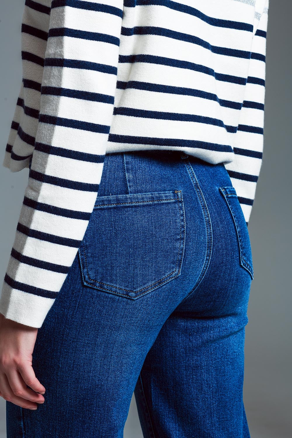 Straight Leg Jeans With Front Marine Style Pockets in Mid Wash Q2 Jeans BoutiqueLua