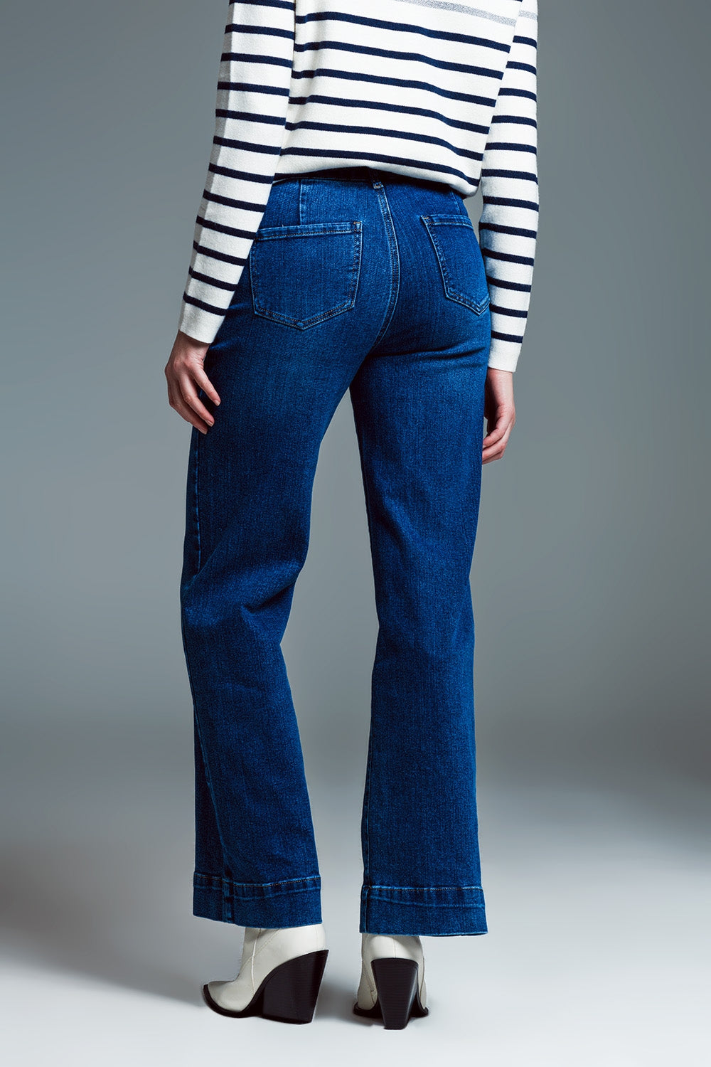 Straight Leg Jeans With Front Marine Style Pockets in Mid Wash Q2 Jeans BoutiqueLua