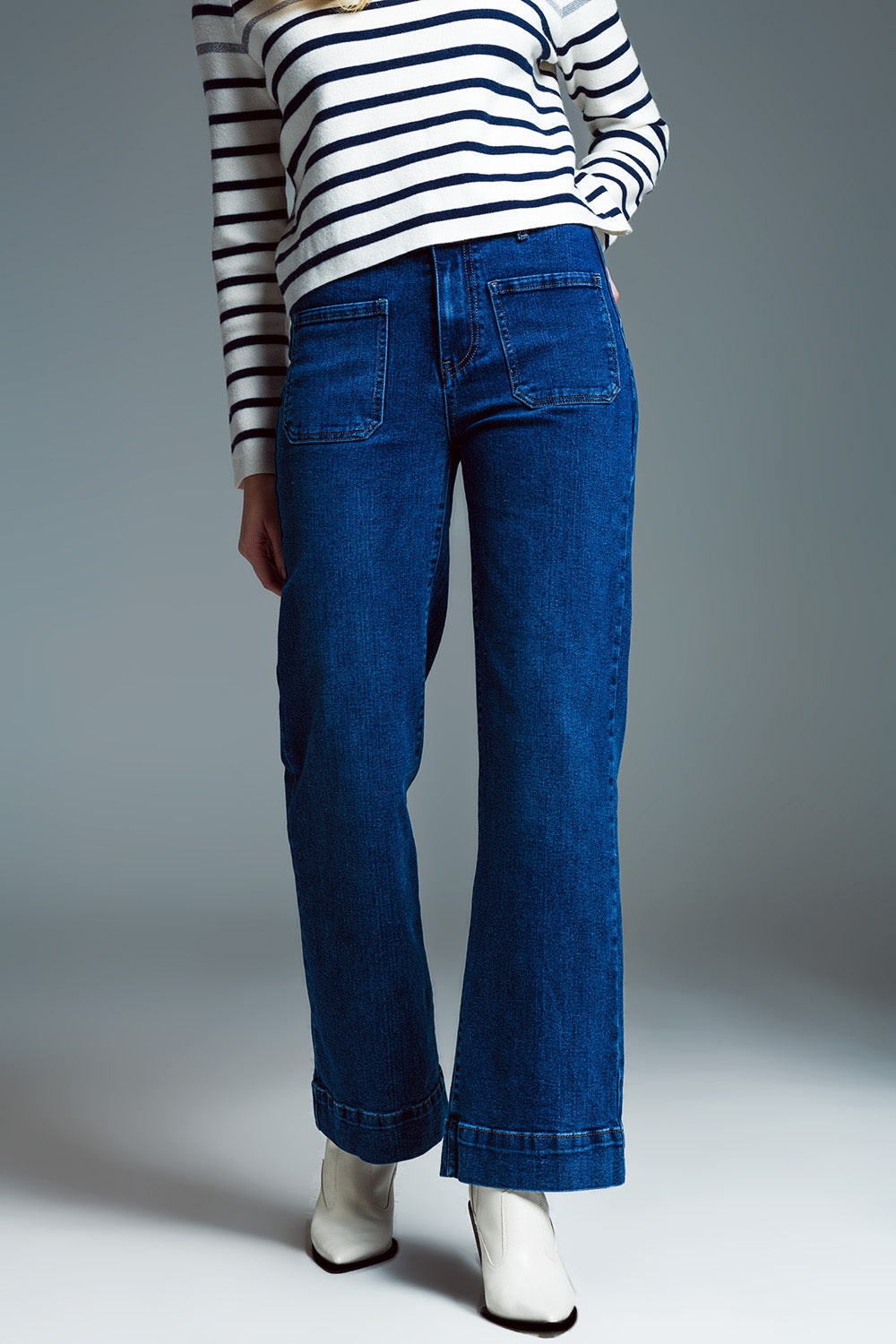 Straight Leg Jeans With Front Marine Style Pockets in Mid Wash Q2 Jeans BoutiqueLua