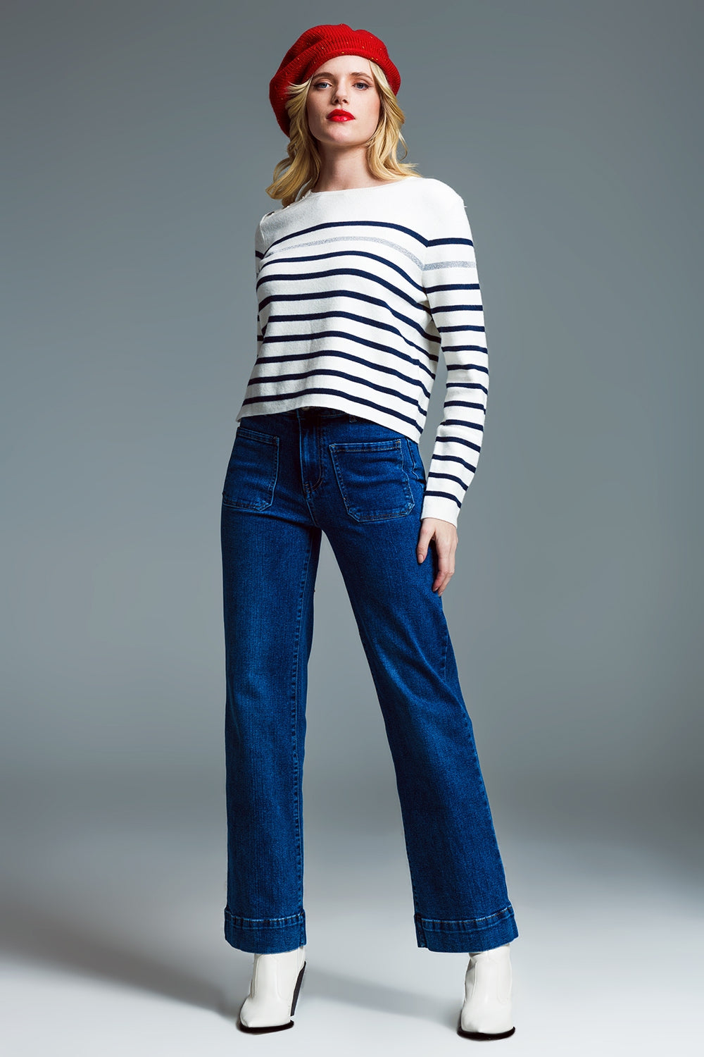 Straight Leg Jeans With Front Marine Style Pockets in Mid Wash Q2 Jeans BoutiqueLua