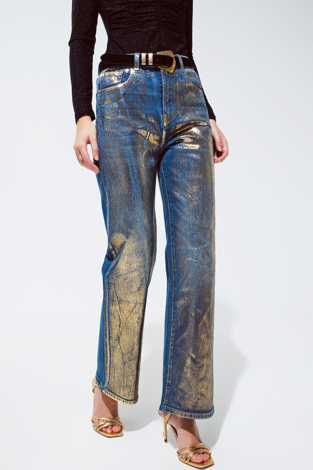 Straight Leg Jeans with gold metallic finish Q2 Jeans BoutiqueLua