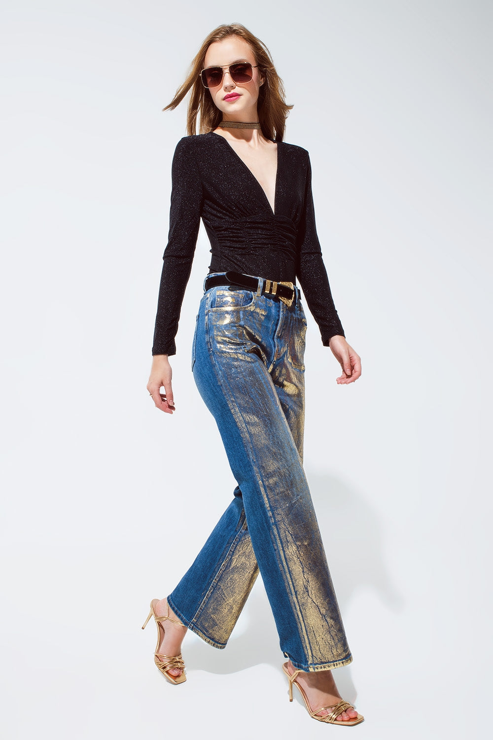 Straight Leg Jeans with gold metallic finish Q2 Jeans BoutiqueLua