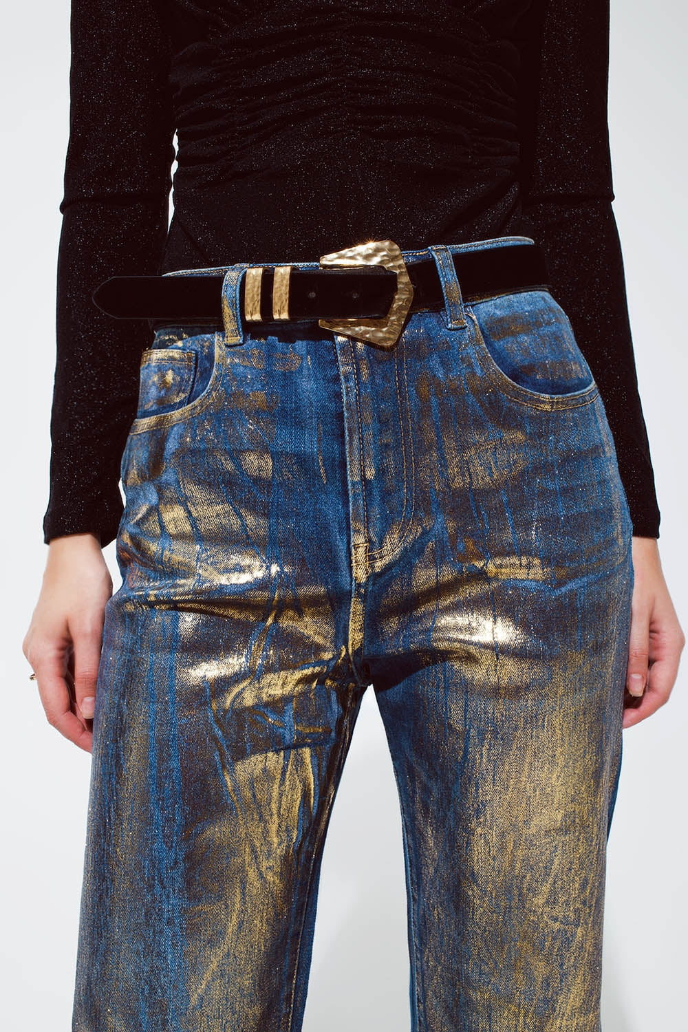 Straight Leg Jeans with gold metallic finish Q2 Jeans BoutiqueLua