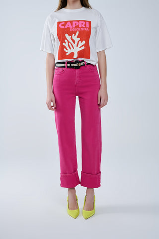 Straight leg Pants with cropped hem in magenta