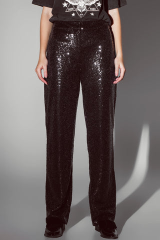 Pantalon à paillettes coupe droite en noir