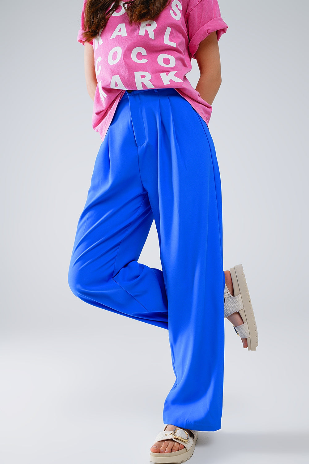 Straight Leg Trousers With Side Pockets and Darts in Blue Q2 Pants BoutiqueLua