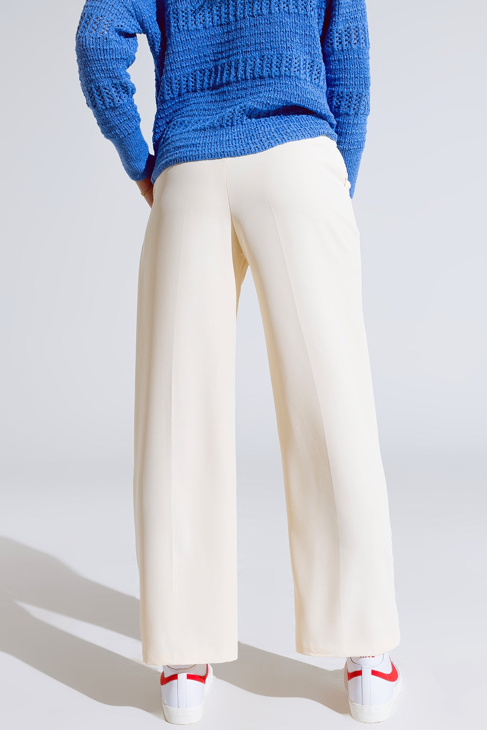 Straight Leg Trousers With Side Pockets and Darts in Cream Q2 Pants BoutiqueLua