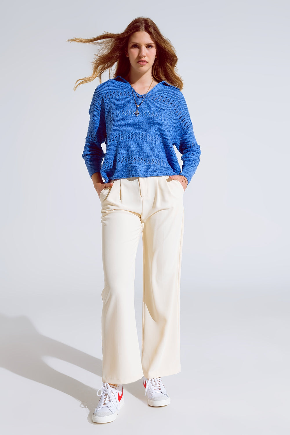 Straight Leg Trousers With Side Pockets and Darts in Cream Q2 Pants BoutiqueLua