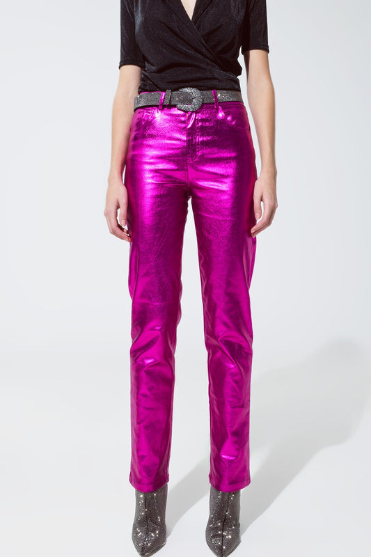 Q2 Straight Metallic Pants in Fuchsia