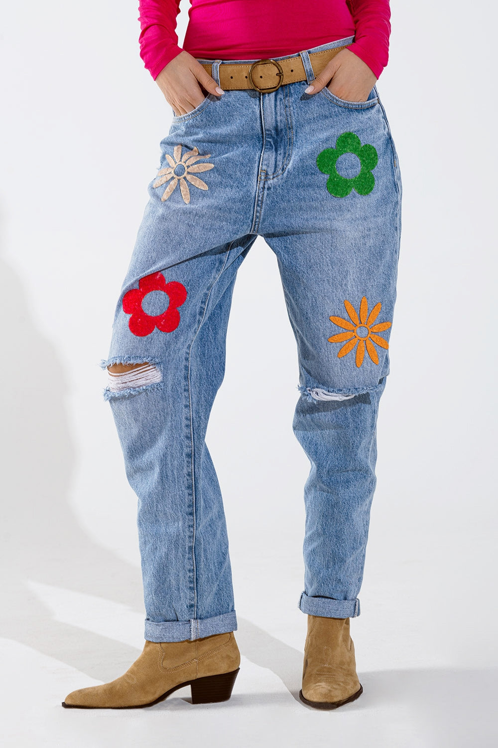 Straight Mom Jeans With Flower Detail In Washed Blue Q2 Jeans BoutiqueLua