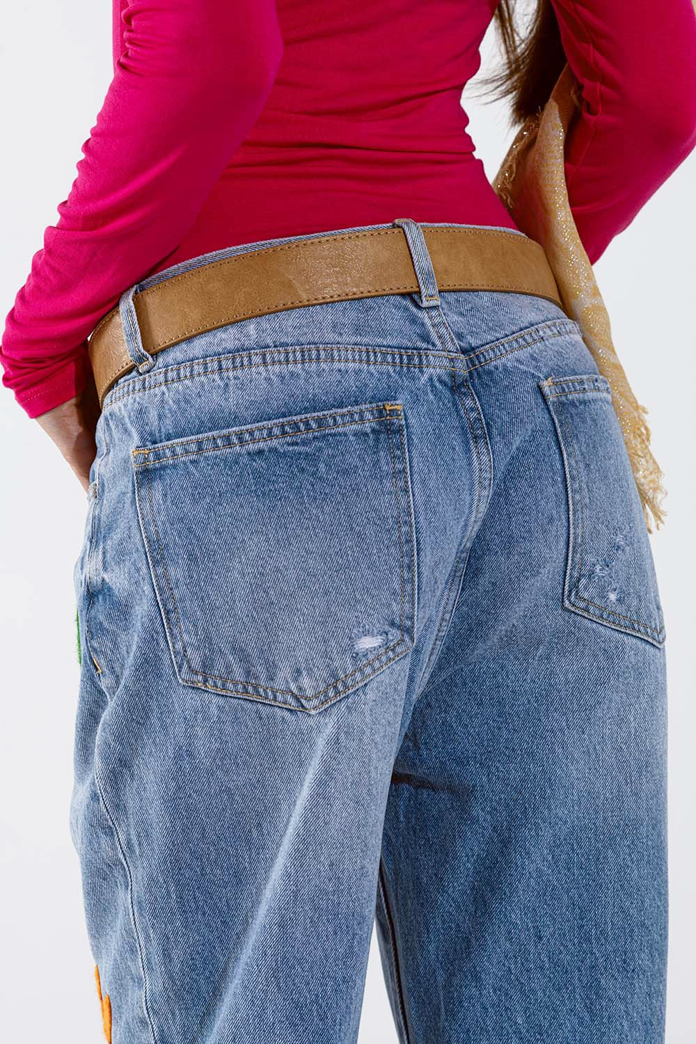 Straight Mom Jeans With Flower Detail In Washed Blue Q2 Jeans BoutiqueLua