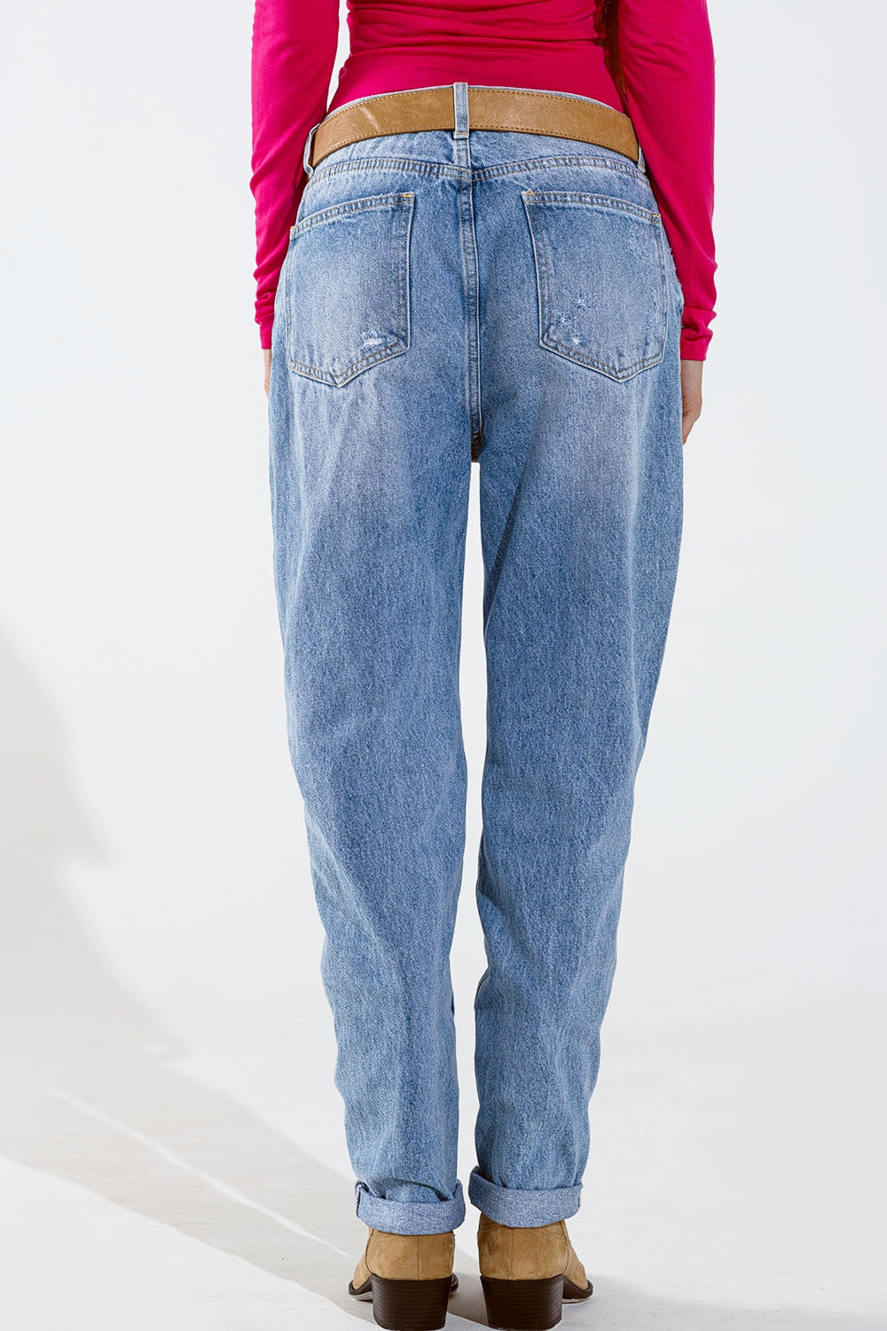 Straight Mom Jeans With Flower Detail In Washed Blue Q2 Jeans BoutiqueLua