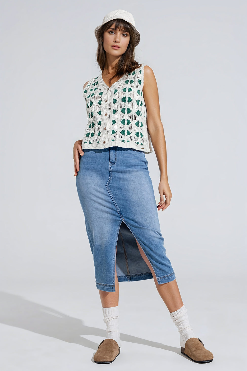 Stretch Denim Midi Skirt With Split Down The Front Q2 Skirts BoutiqueLua