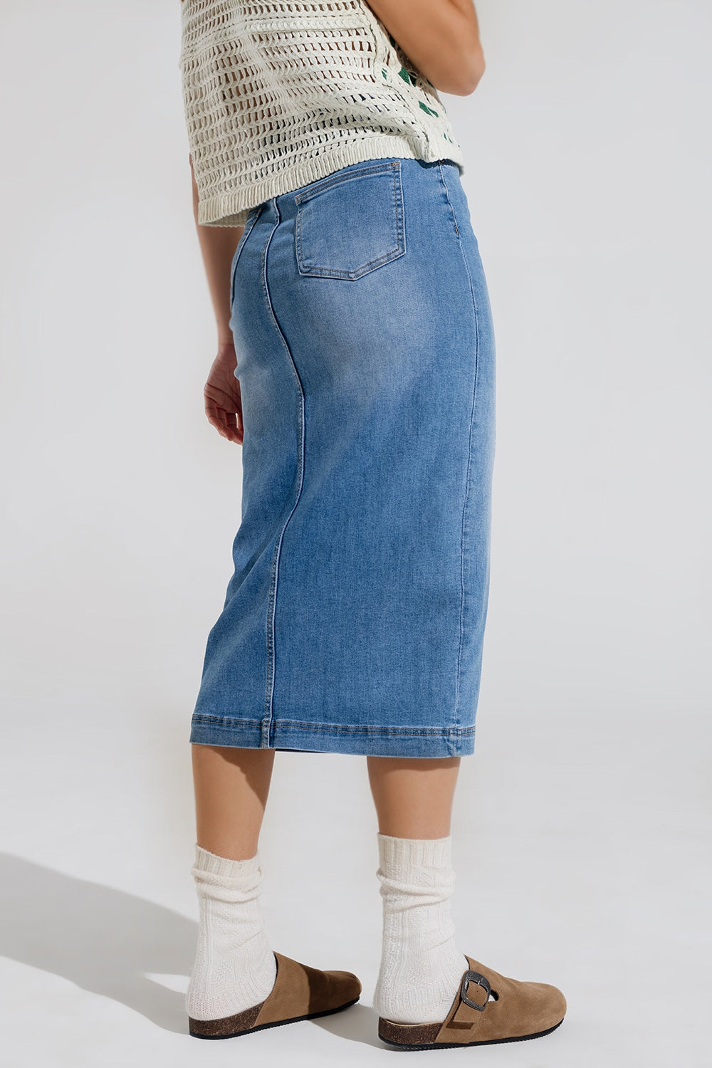 Stretch Denim Midi Skirt With Split Down The Front Q2 Skirts BoutiqueLua