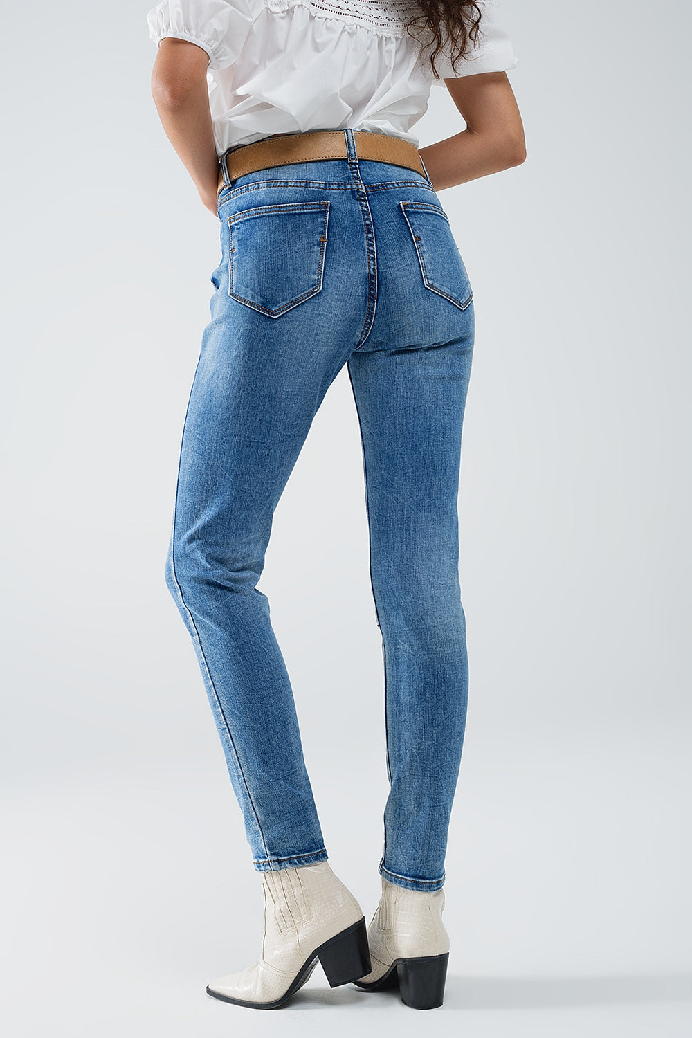 Stretch Denim super Skinny Jeans In MIdwash With Distress Details Q2 Jeans BoutiqueLua