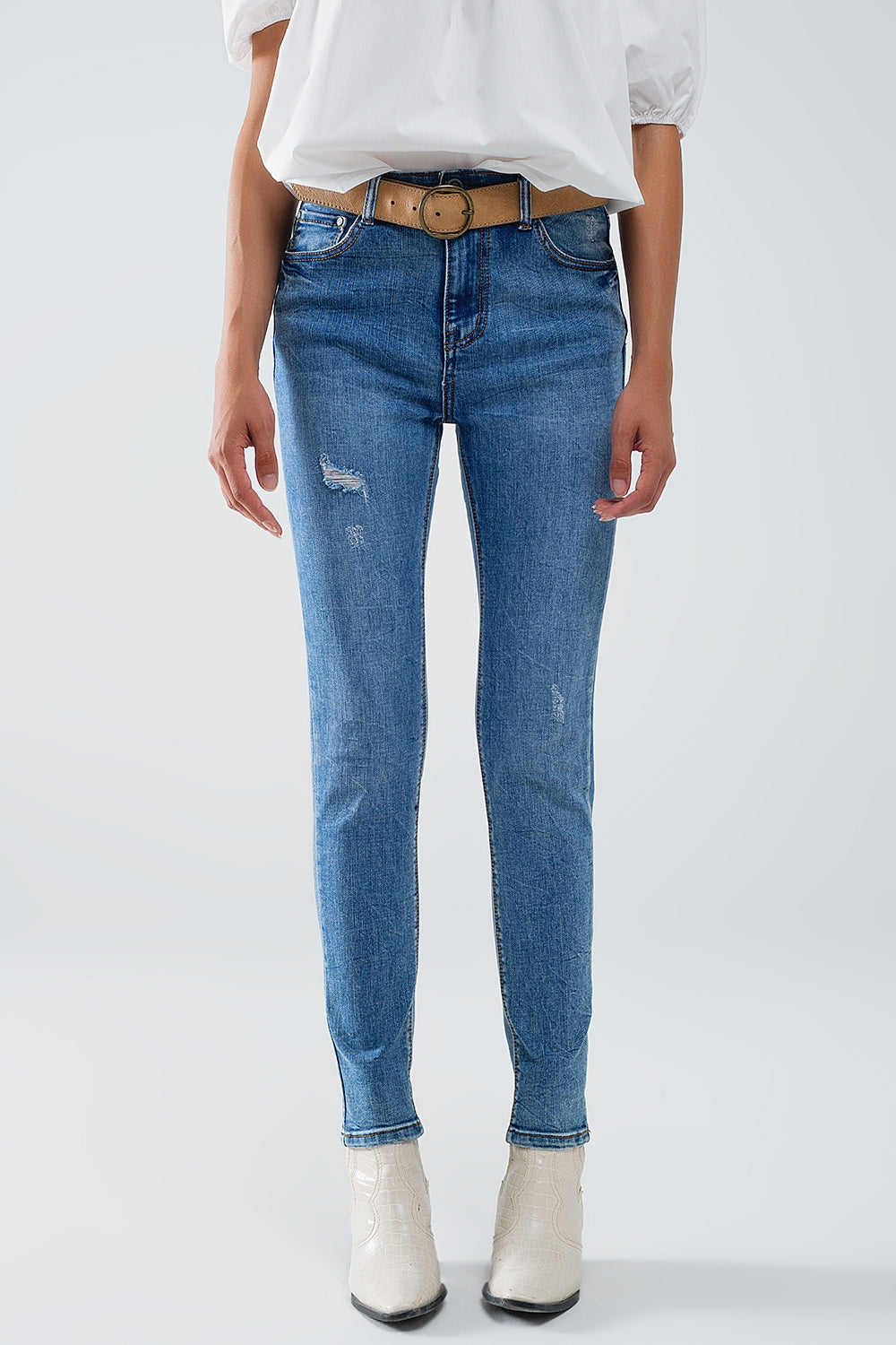 Q2 Stretch Denim super Skinny Jeans In MIdwash With Distress Details