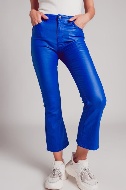 Q2 Stretch faux leather flare pants in blue