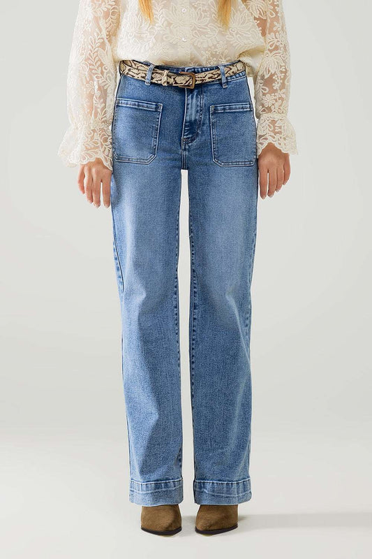 Q2 Stretchy Straight Leg Jeans With Front Pocked in Medium Wash