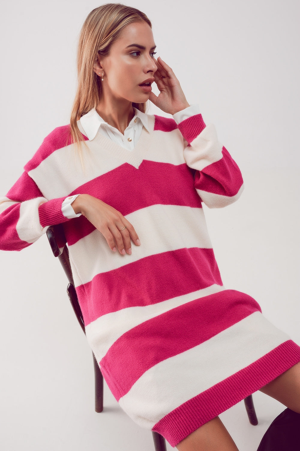 Q2 Stripe jumper dress in fuchsia