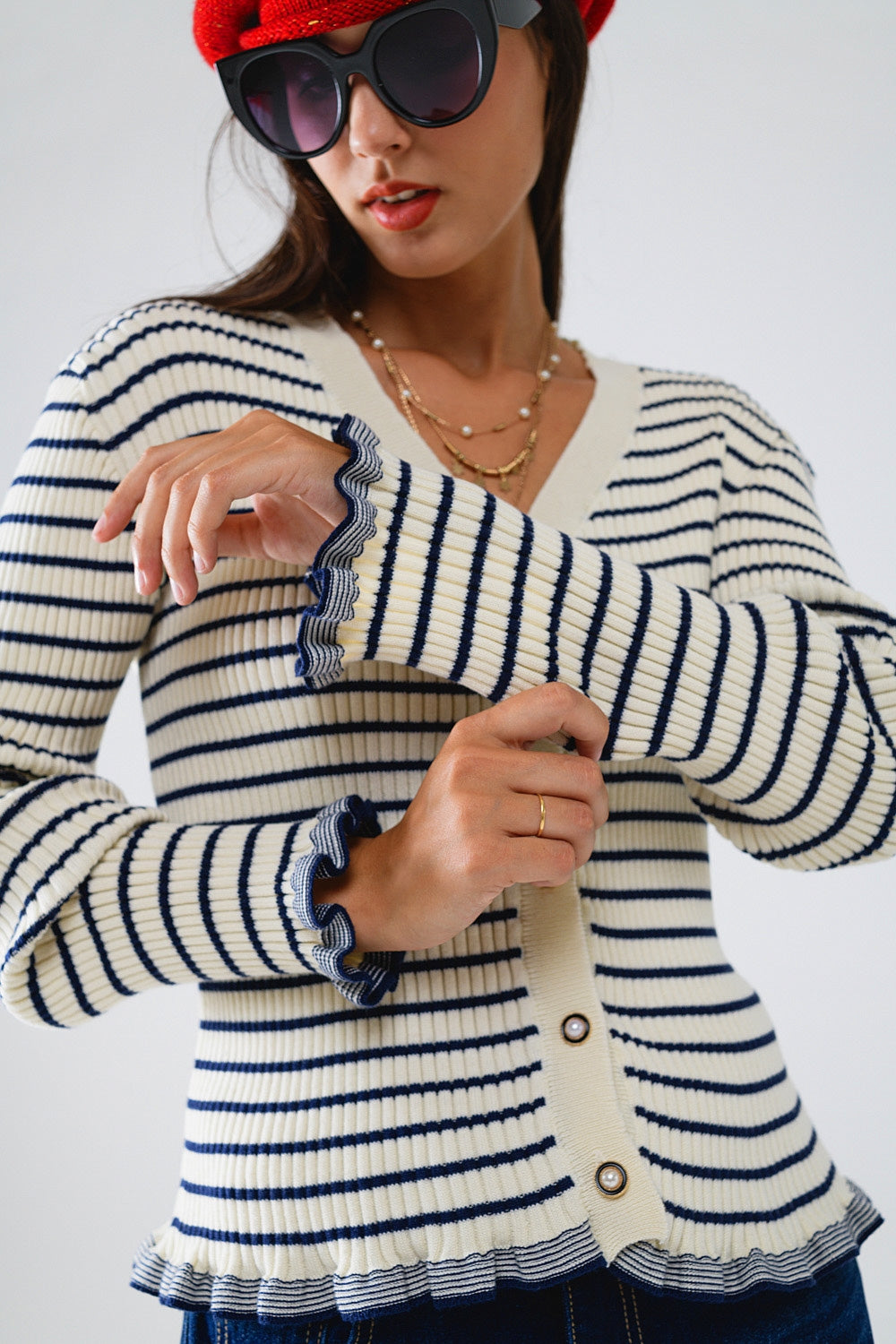 Striped Cardigan in Cream with Ruffle Trim Q2 Sweaters BoutiqueLua