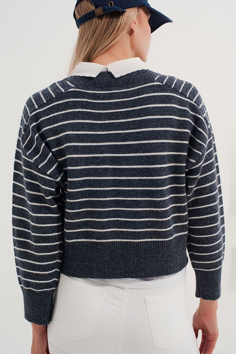 Striped knitted sweater with wrangler sleeves blue and white Q2 Sweaters BoutiqueLua