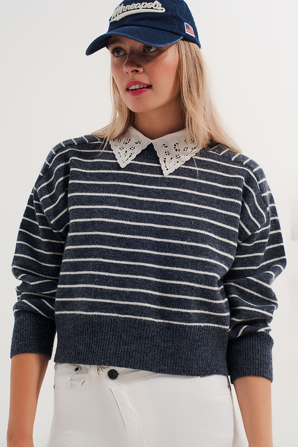 Striped knitted sweater with wrangler sleeves blue and white Q2 Sweaters BoutiqueLua