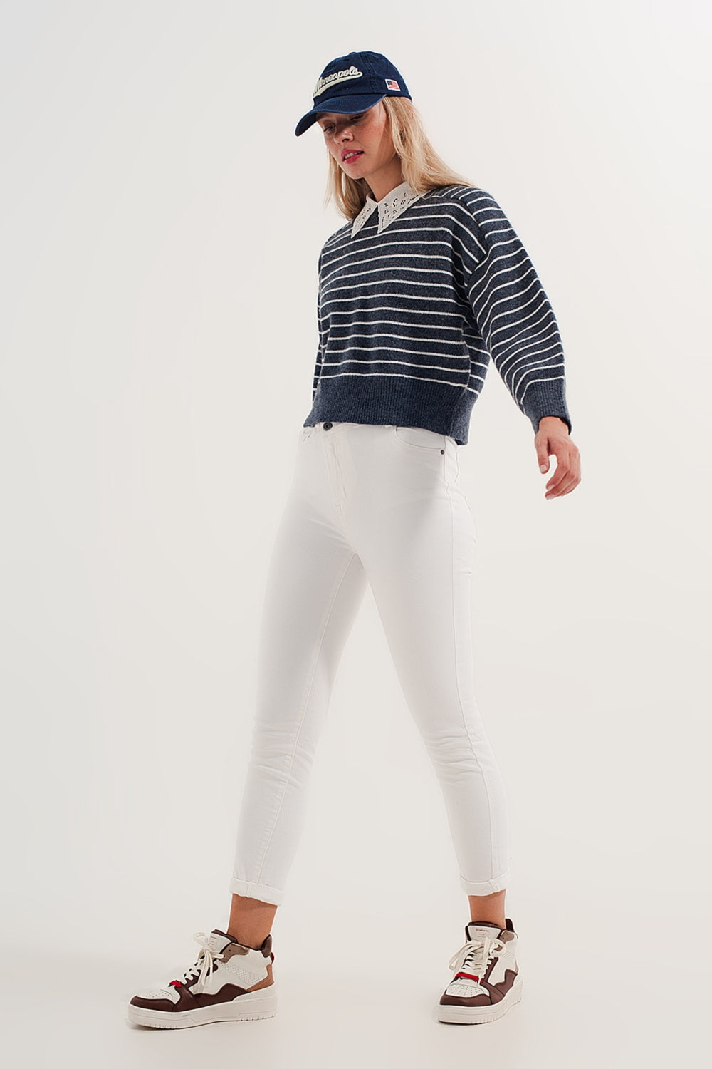 Striped knitted sweater with wrangler sleeves blue and white Q2 Sweaters BoutiqueLua