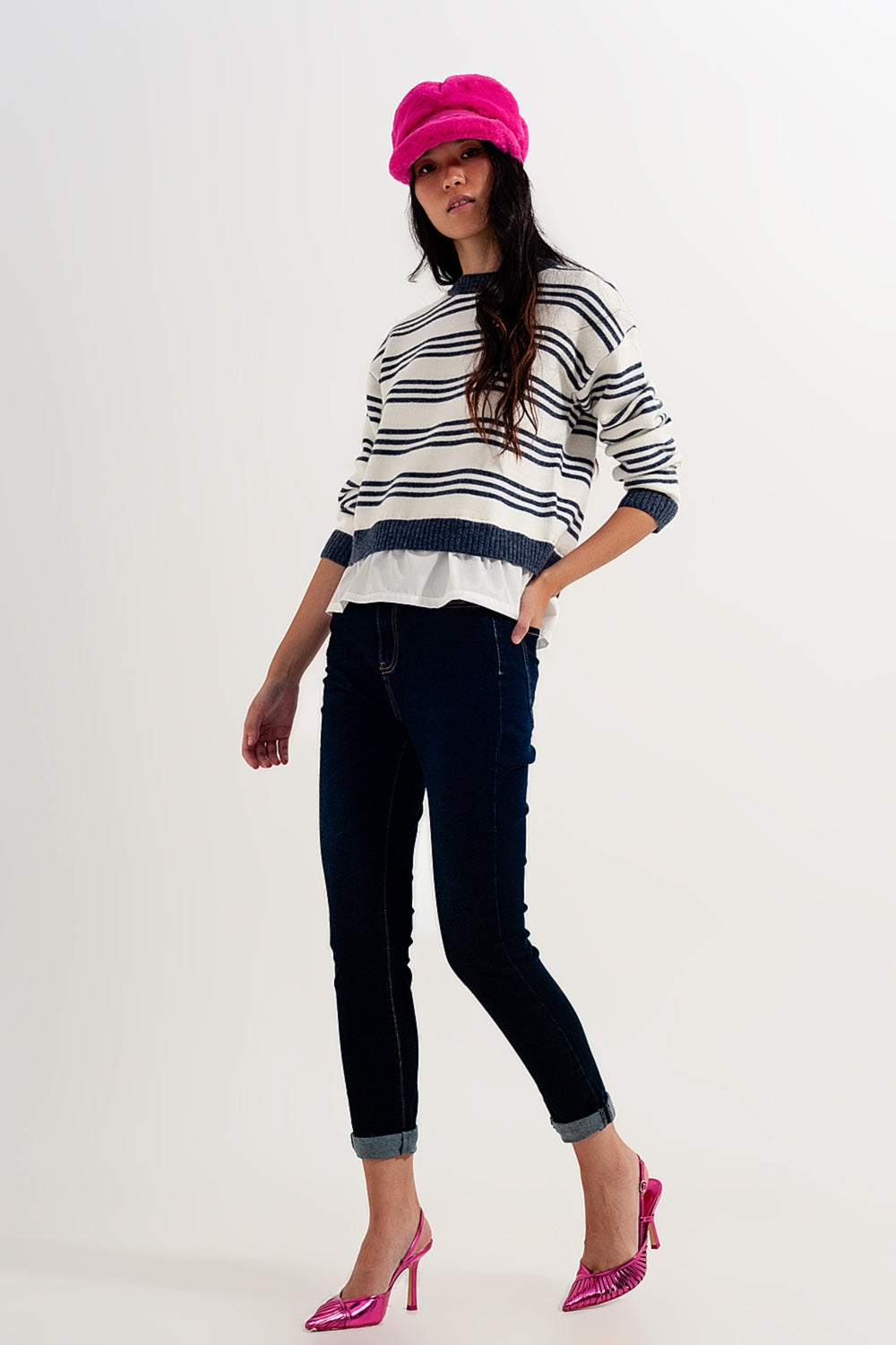 Striped long sleeved sweater in white Q2 Sweaters BoutiqueLua