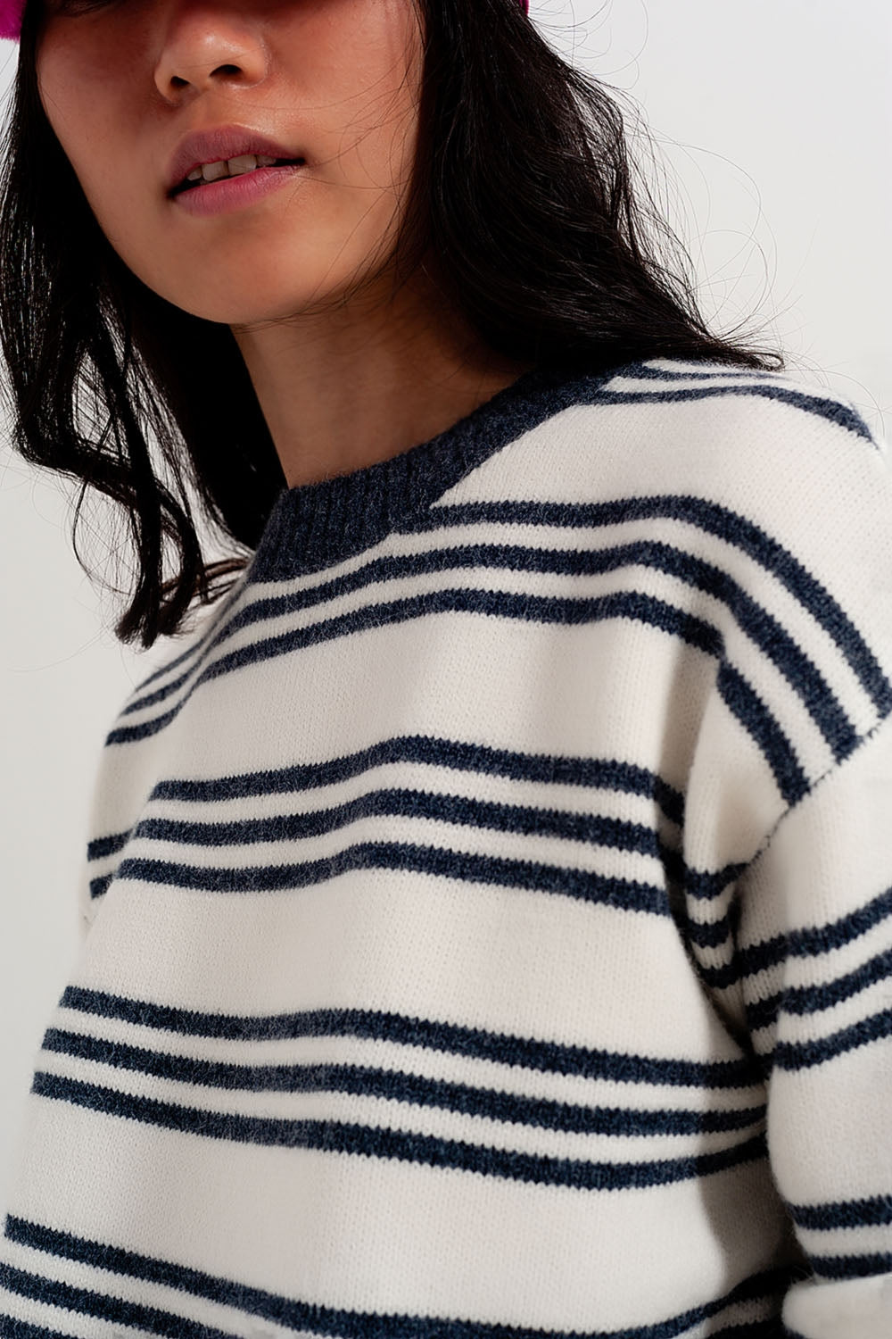 Striped long sleeved sweater in white Q2 Sweaters BoutiqueLua