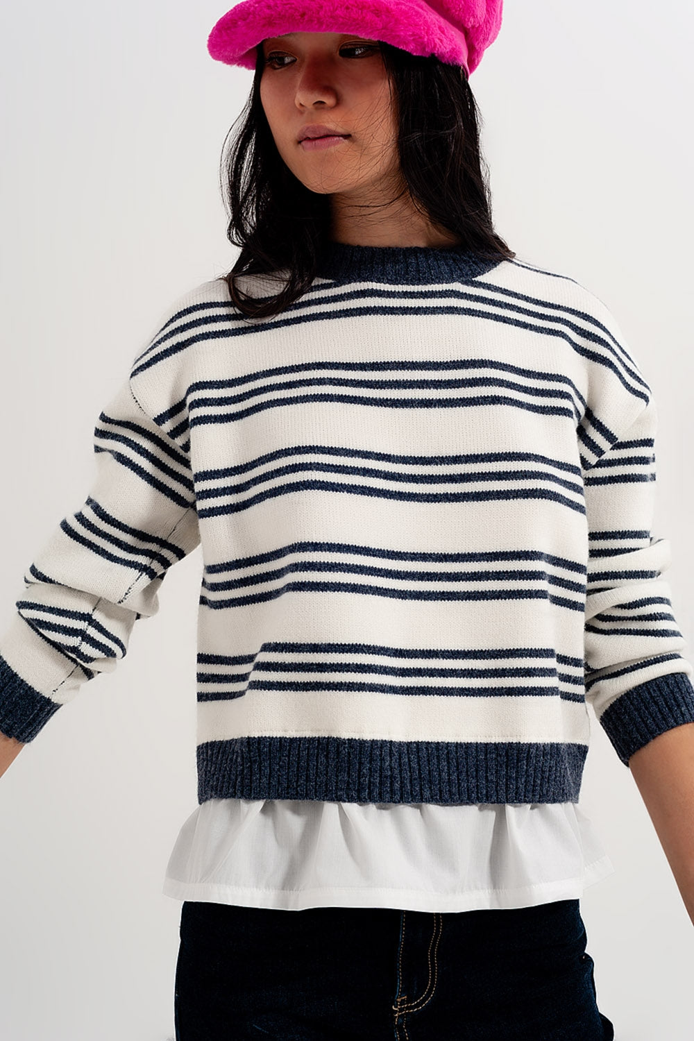 Striped long sleeved sweater in white Q2 Sweaters BoutiqueLua